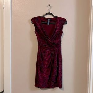 Chaps Dark Red Abstract Floral Print Ruched Draped Dress P S